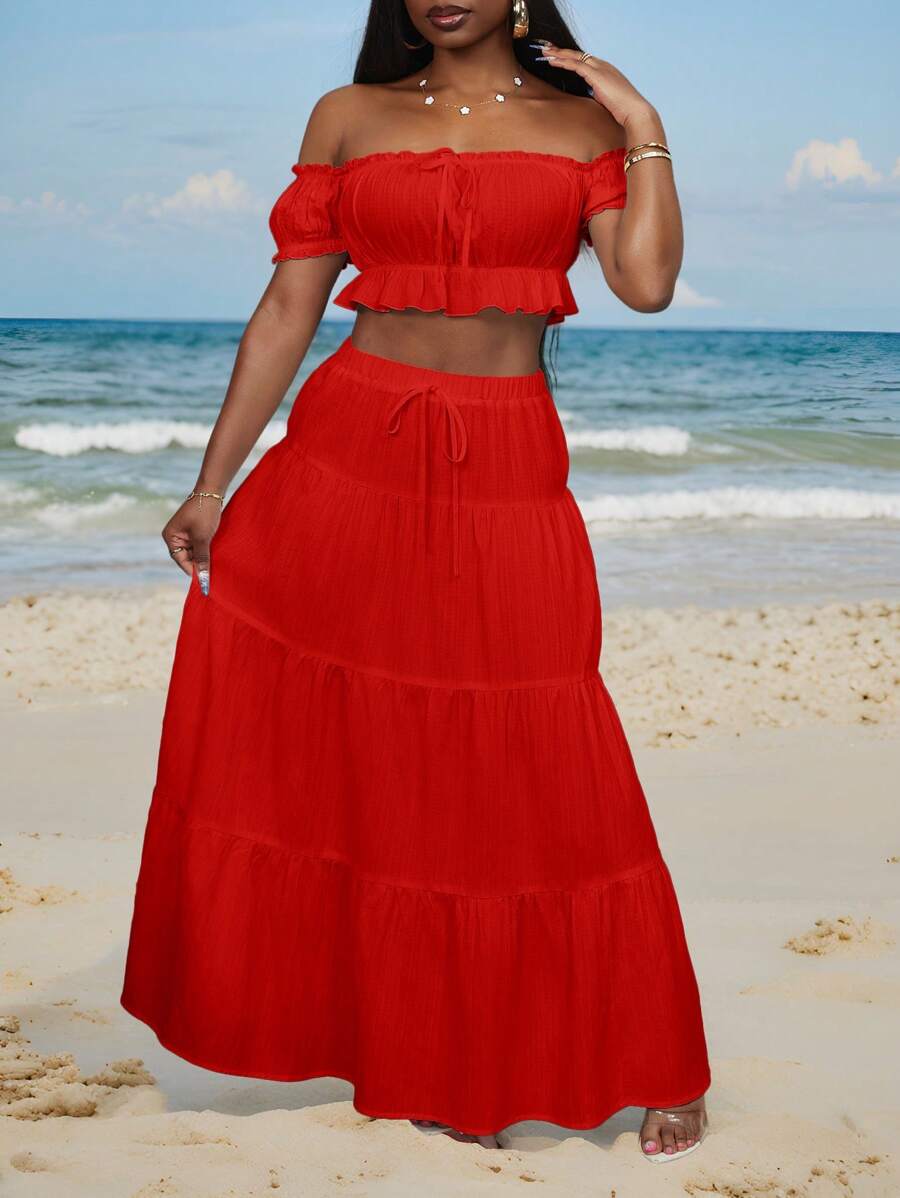 Slaydiva Women White 1-Shoulder Ruffle Trim Top & Tie-Waist Ruffle Hem Maxi Skirt Vacation Outfit, Sweet & Cute For Date & Beach Island Vacation Outfits