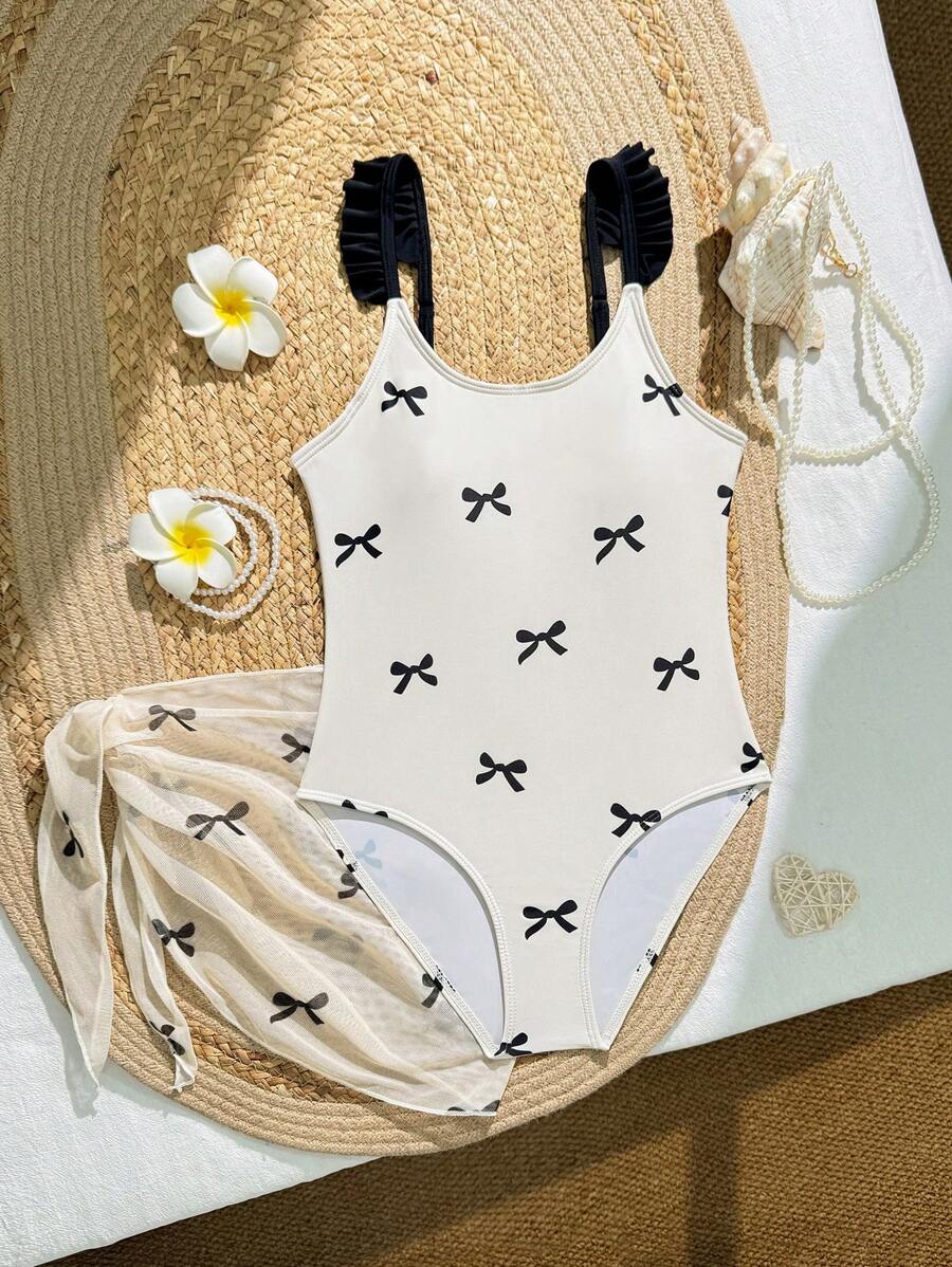 Costume da bagno intero per ragazze con stampa farfalla carina, con coprispalle estivo, per vacanze al mare/stampa casuale estate