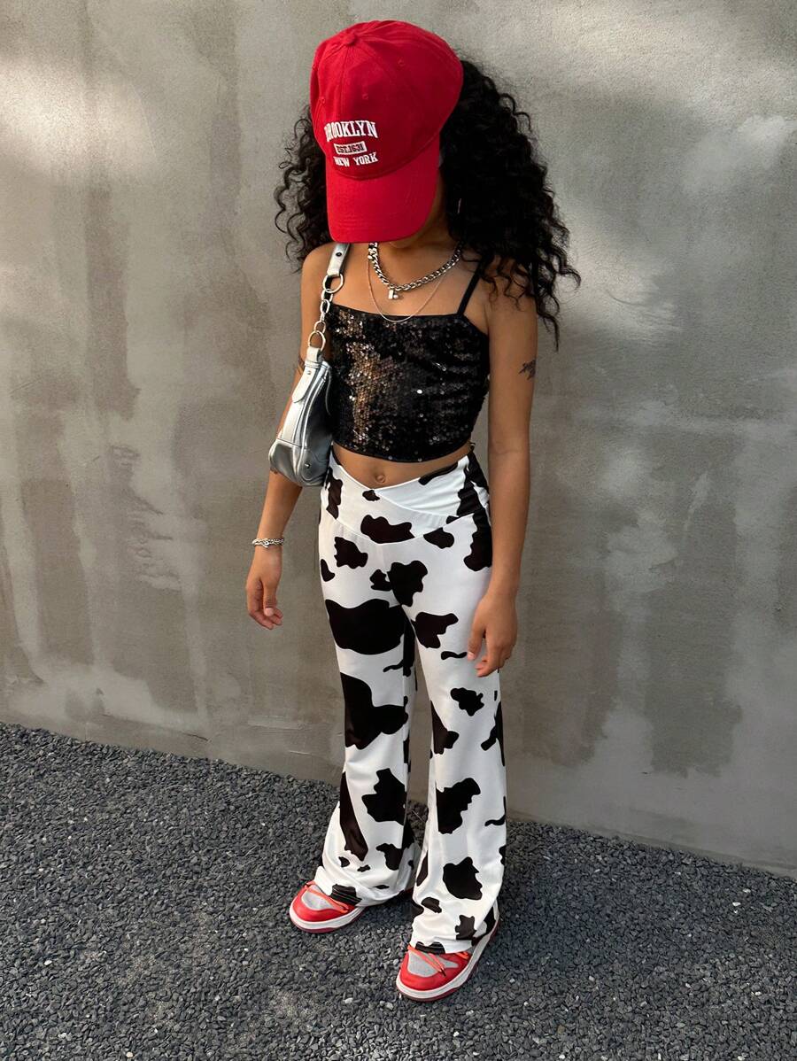 Coolane Kids Tween Girls Spring/Summer Cow Print High Waist Flare Pants