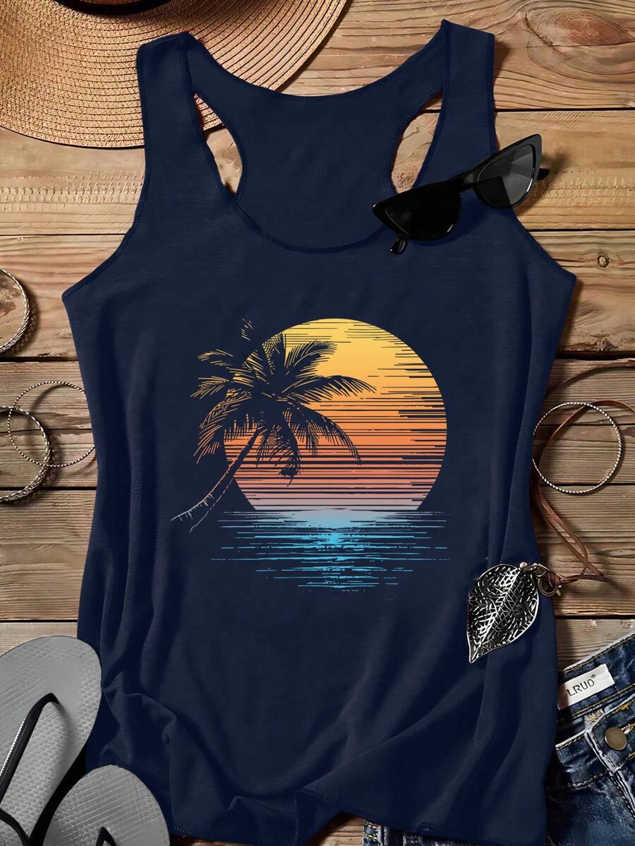 SHEIN LUNE Top de tirantes con gráfico de árbol de coco y puesta de sol de playa, apropiado para el verano, para mujeres