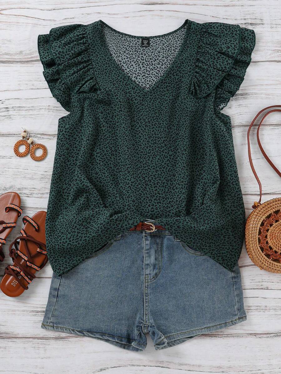 SHEIN LUNE Blusa de manga corta con escote en V y estampado de leopardo para mujer de talla grande, para uso en primavera, vacaciones, festivales de música, conciertos, Boho, Ibiza, Nashville, rave, entre otros.
