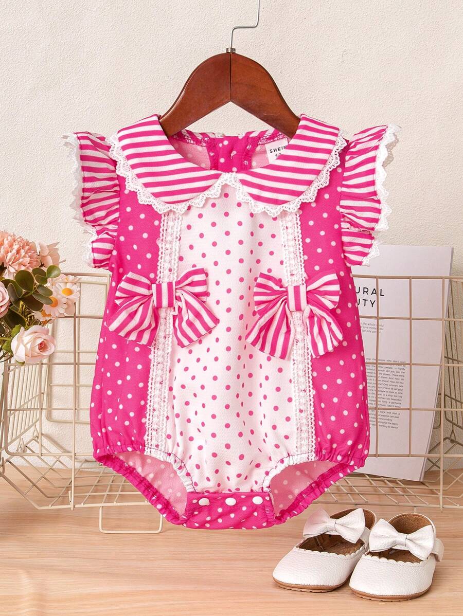 SHEIN Tutina a pois con maniche a cappuccio, carina, per neonata in estate