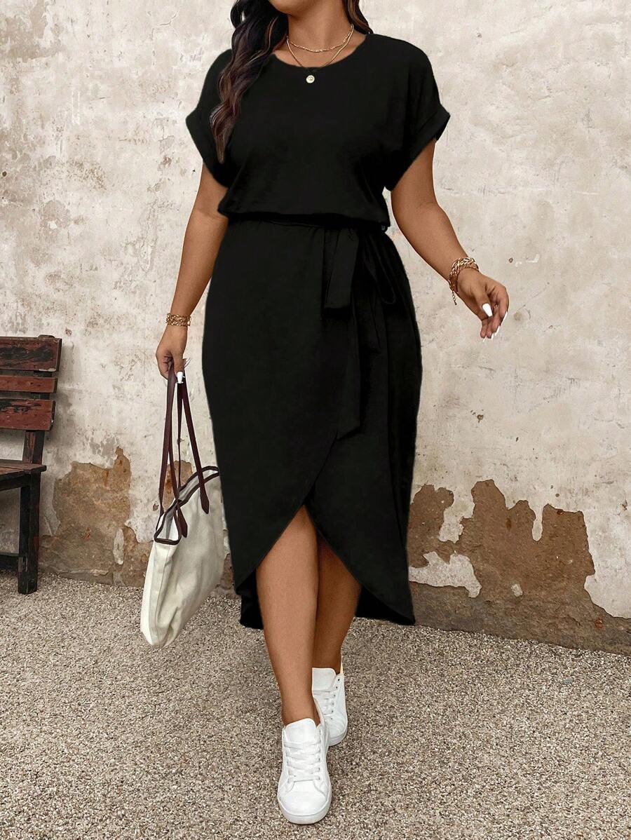Plus Size Dames Effen Ronde Hals Vleermuismouwen Korte Mouw Asymmetrische Zoom Casual Jurk, Zomer Maxi Dames Outfit
