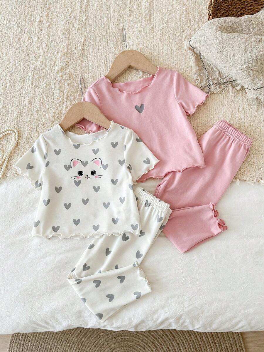 Dozemod Baby Girl Baby Girls' 4-Piece Cartoon Cat & Heart Pattern Ruffled Hem Crew Neck Short Sleeve Top And Pants Soft Pajama Set