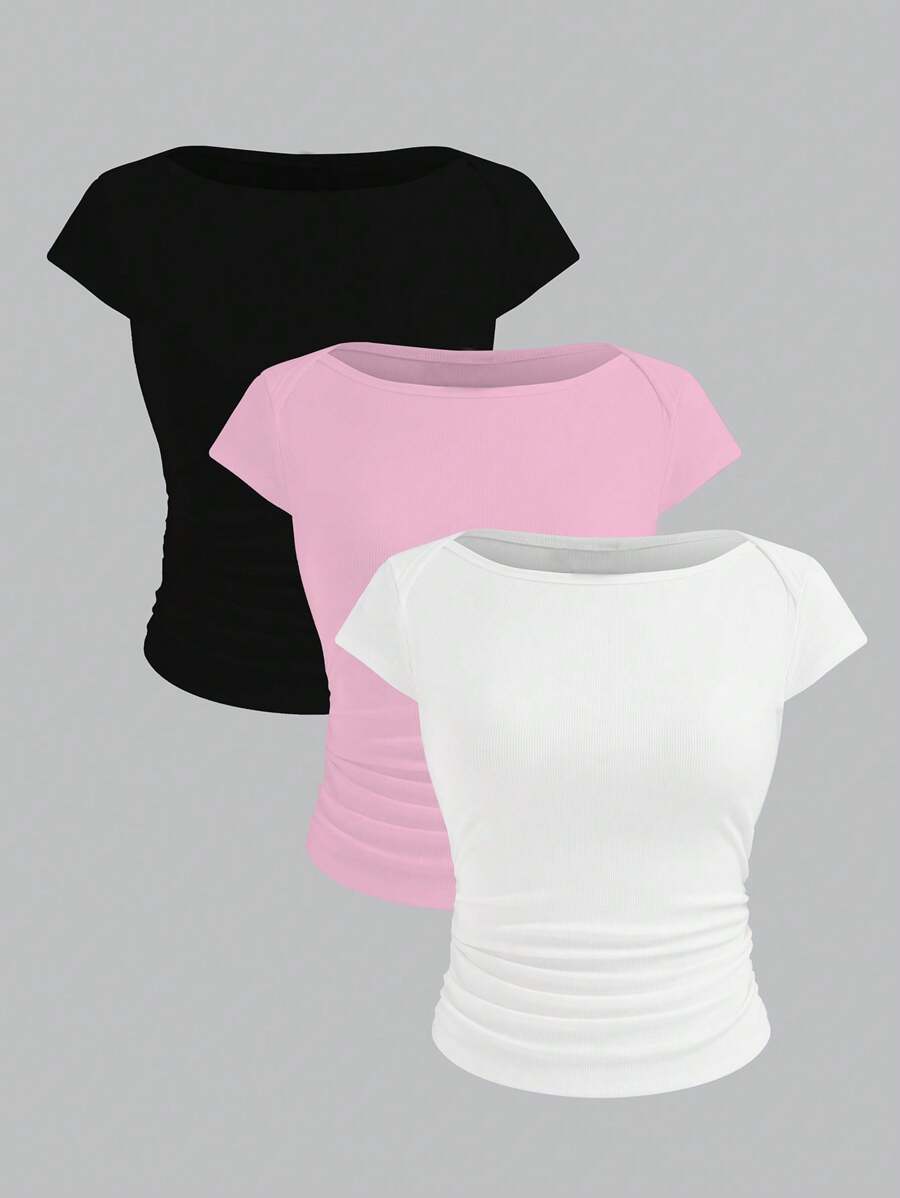 INAWLY Set da 3 Bluse casual da donna in tinta unita, maniche corte, plissettate