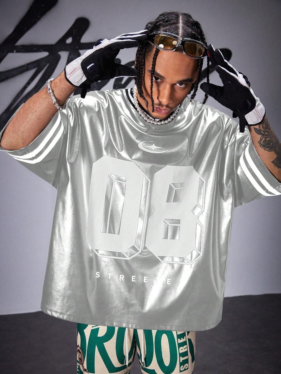 AXEPEAK Camiseta de manga corta con cuello en V de ajuste holgado de piel sintética para hombre, de moda para el verano, la escuela y el estilo urbano