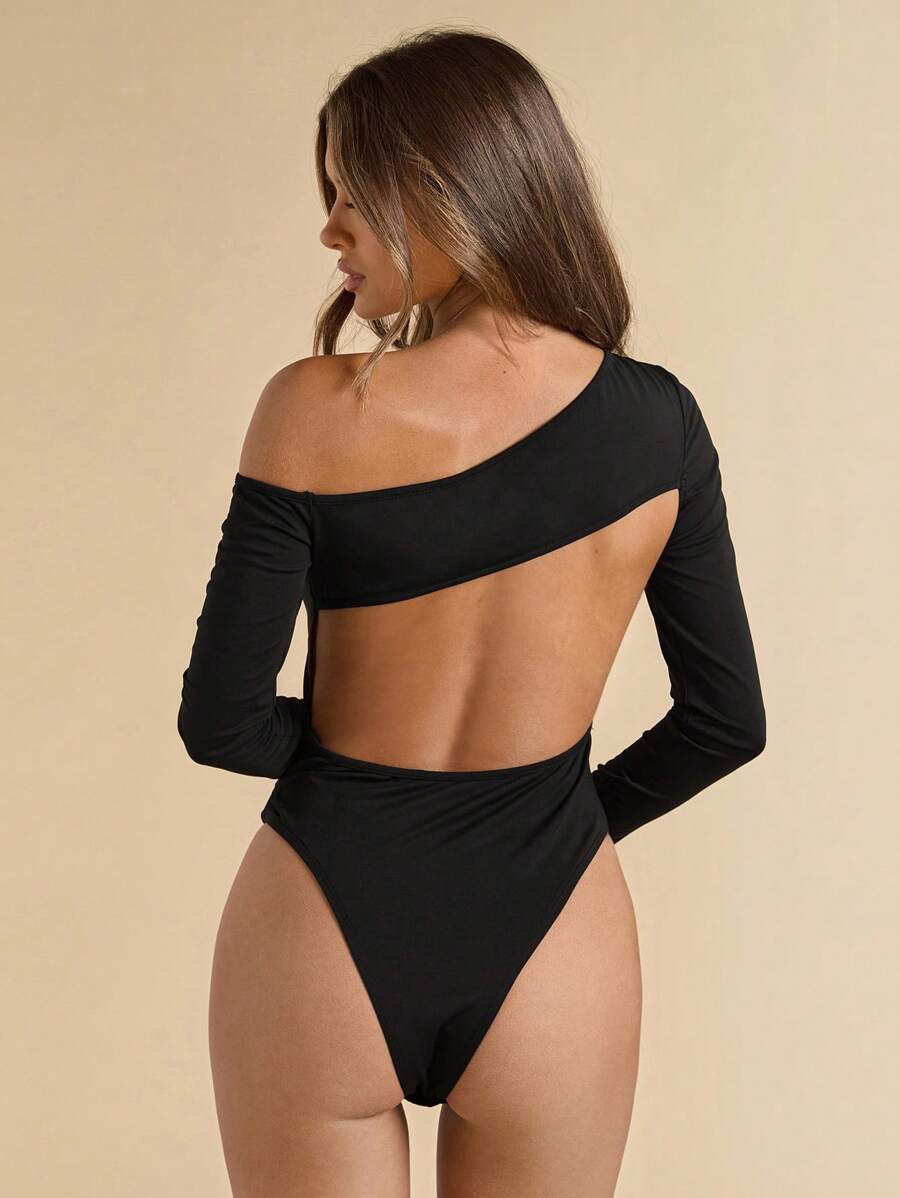 SHEIN BAE Body asimmetrico nero per donne, con scollo alto e taglio traforato, sexy, body nero, per primavera/estate