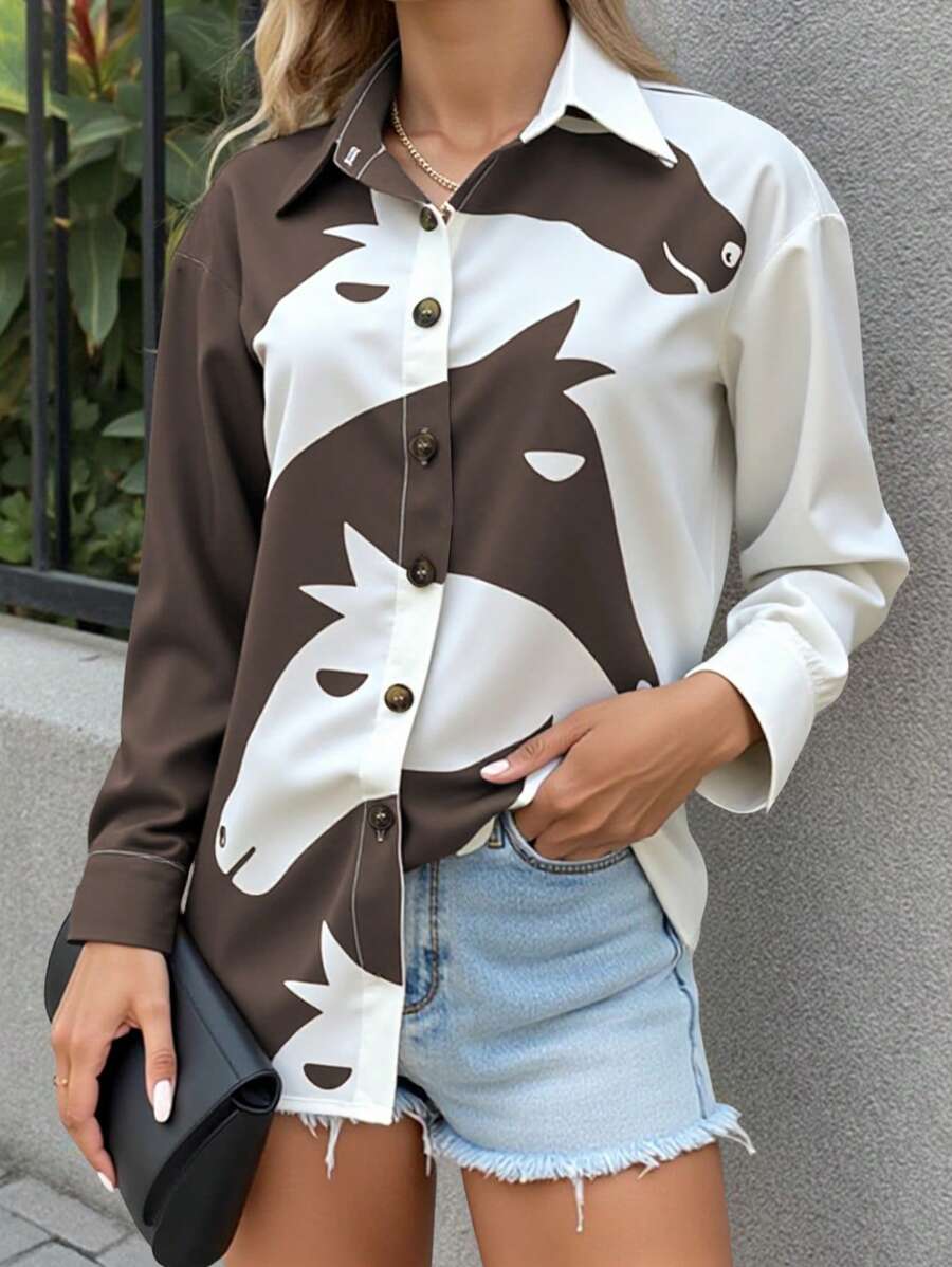 Camicia casual da donna a maniche lunghe con stampa animalier e colore a contrasto