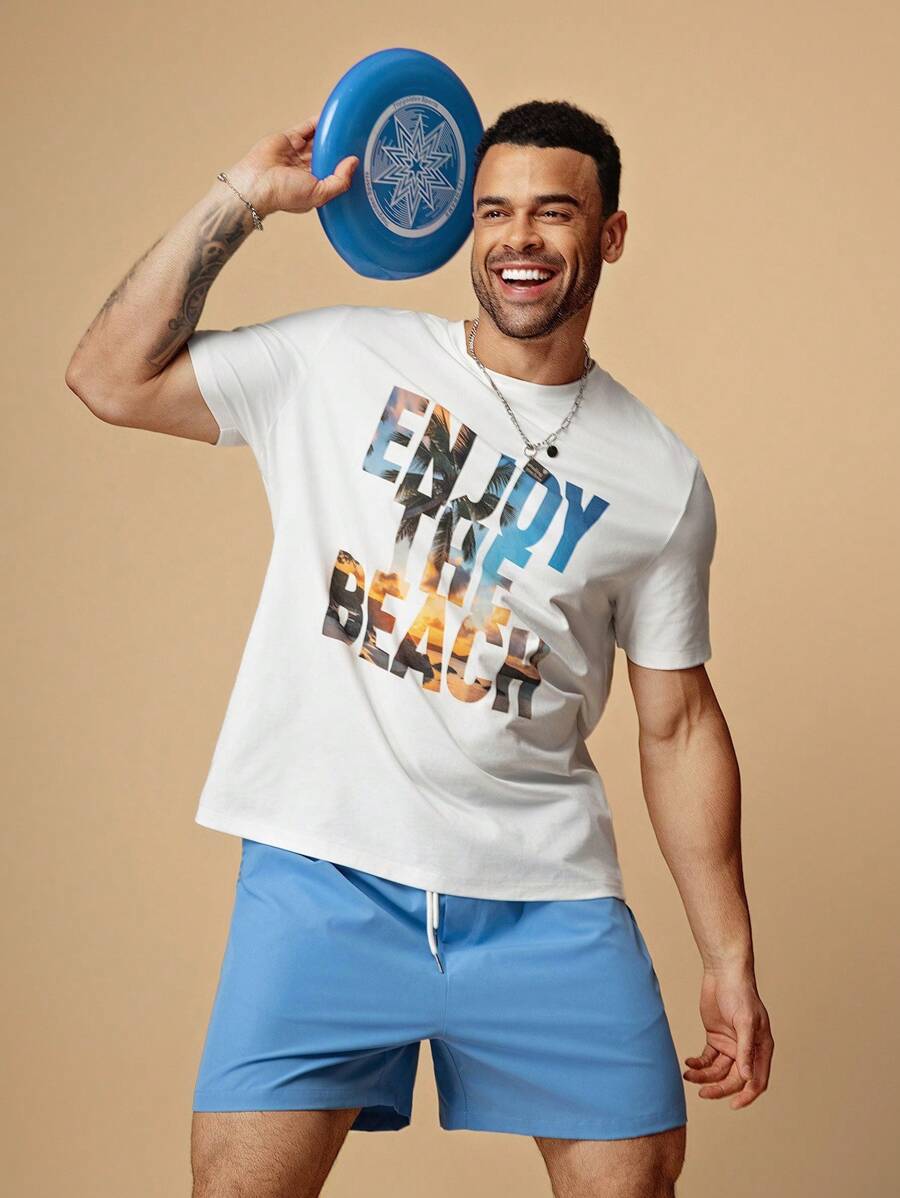 EASEVO Men's Plus Size Casual Letter Print Knit T-Shirt And Shorts Set