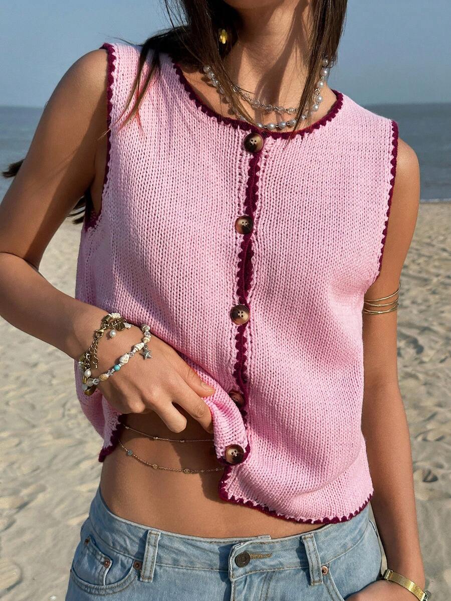 Jouncy Women Holiday Casual Contrast Trim Front Button Sleeveless Knit Top
