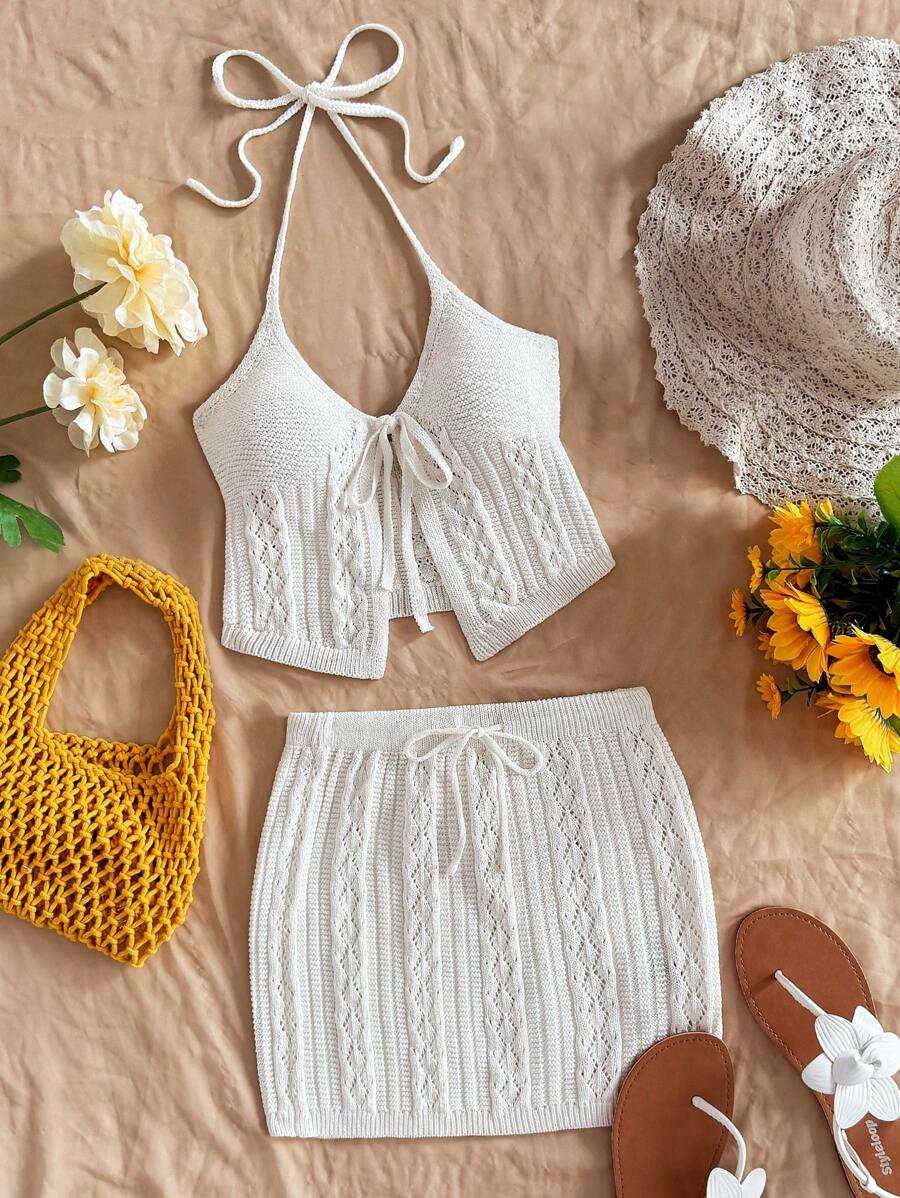SHEIN WYWH Conjunto de cárdigan de punto beige para mujer con cuello anudado y cinturón en la cintura, top ajustado y falda mini en forma de A, adecuado para vacaciones, fiestas, San Valentín, combinación de capas, citas