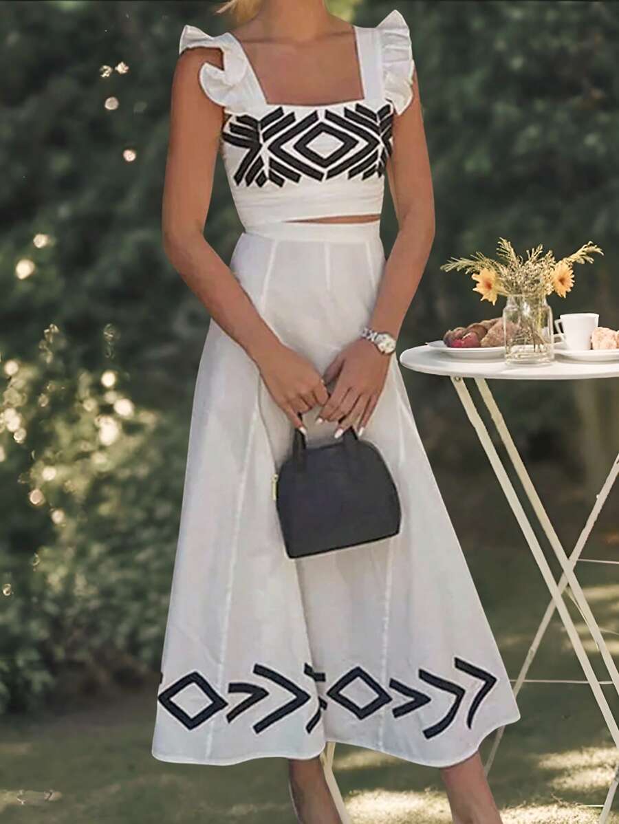 SHEIN VCAY Women's Spring Summer Boho 2pcs/Set Women Holiday Woven Printed Crop Cap Sleeves Top & High Waist Long Skirt Vacation Wear 2 Pieces Sets Woman Easter Outfit Women Beach Outfits For Woman Vacation Outfits Woman 2pcs/Set Beach Outfits For Woman