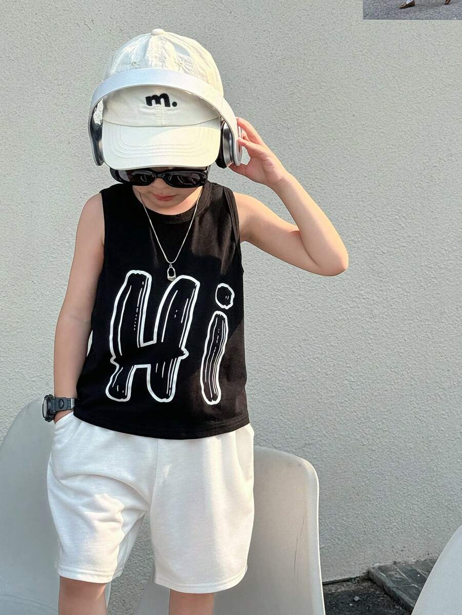 SHEIN Young Boys Casual Fitting Printed Sleeveless Knit Tank Top, Versatile For Commute, School, Daily Leisure, Travel, Sports, Suitable For Spring & Summer
