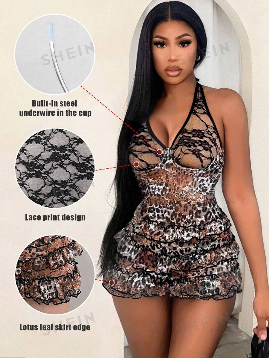 BamGleam Pantalón de una pieza con cuello de halter, estampado de leopardo y encaje, sexy, para primavera y verano para mujeres