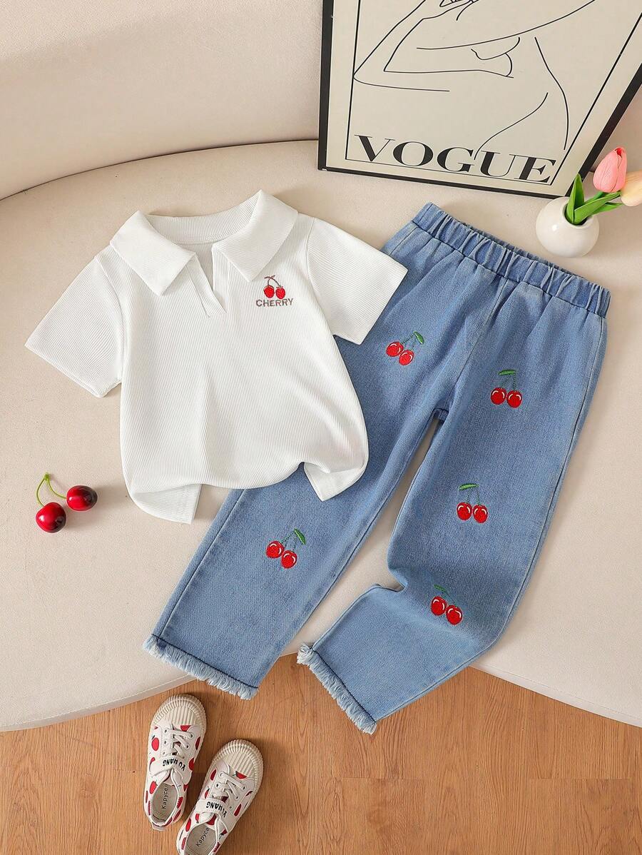 SHEIN 2pcs/Set Girls Cherry Embroidery Short Sleeve Top And Elastic Waist Denim Jeans