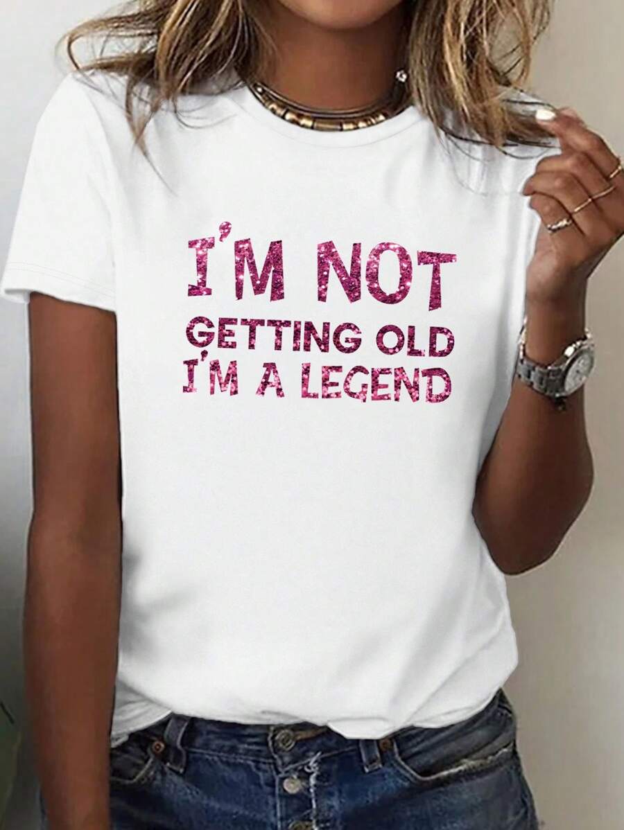 INAWLY Sequin Embellished English Letter Printed Round Neck Short Sleeve T-Shirt, Casual I'M NOT GETTING OLD I'M A Graphic Tees Women Tops