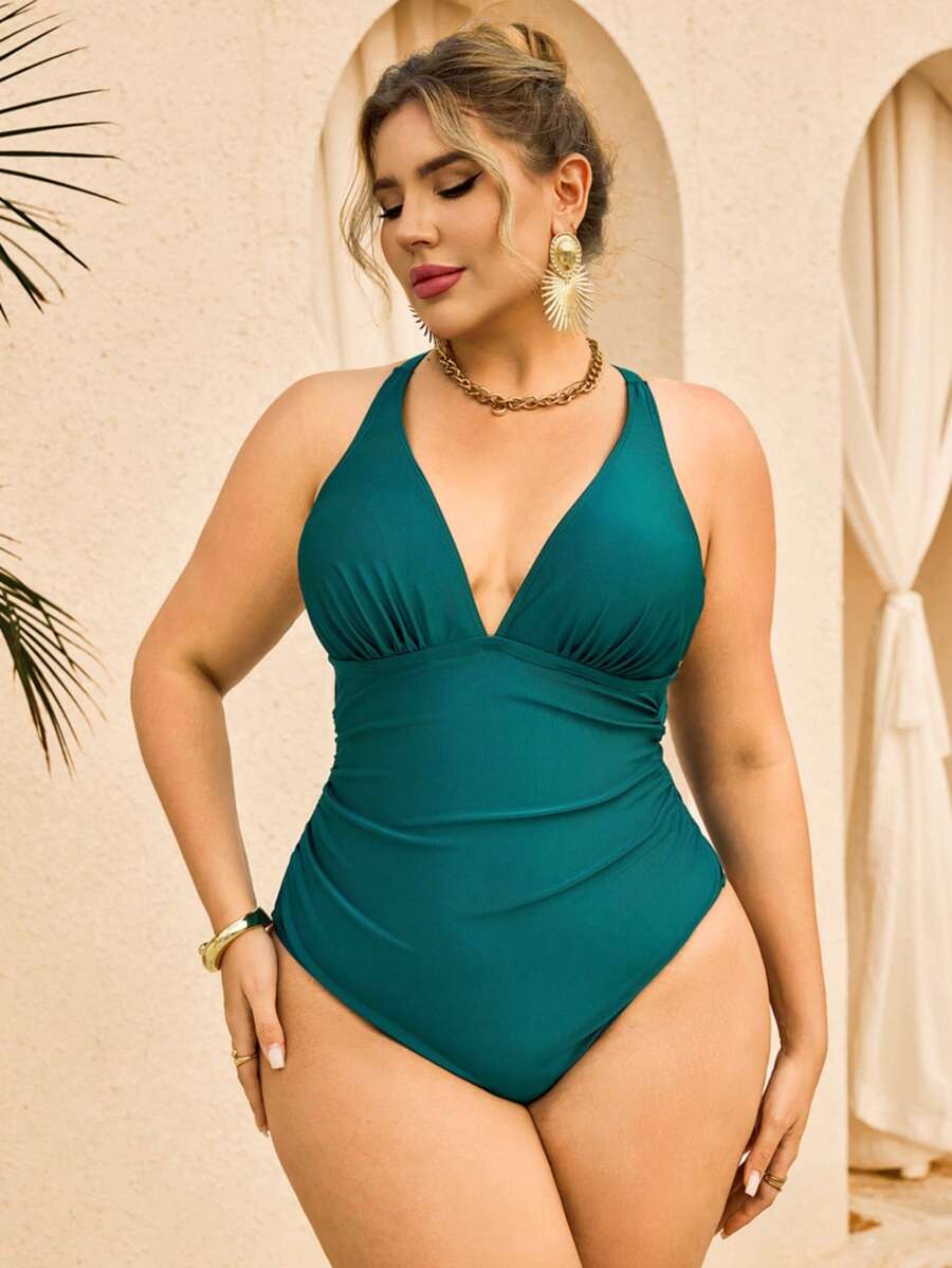 SHEIN Swim Chicsea Plus Size Women Deep V-Neck Solid Color Sexy One-Piece Swimsuit