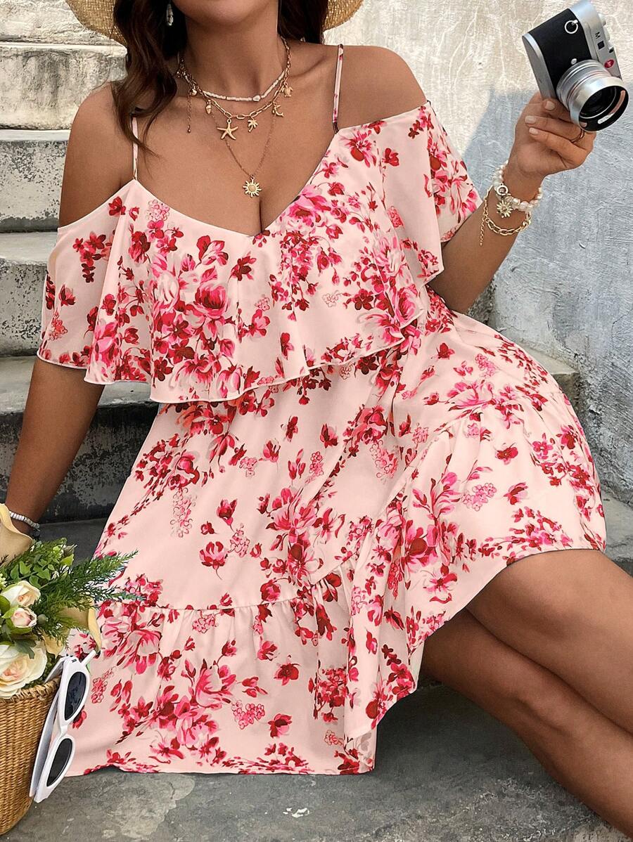SHEIN VCAY Plus Size Bloemenprint Strappy Open Schouder Korte Mouw Jurk, Voor Vakantie
