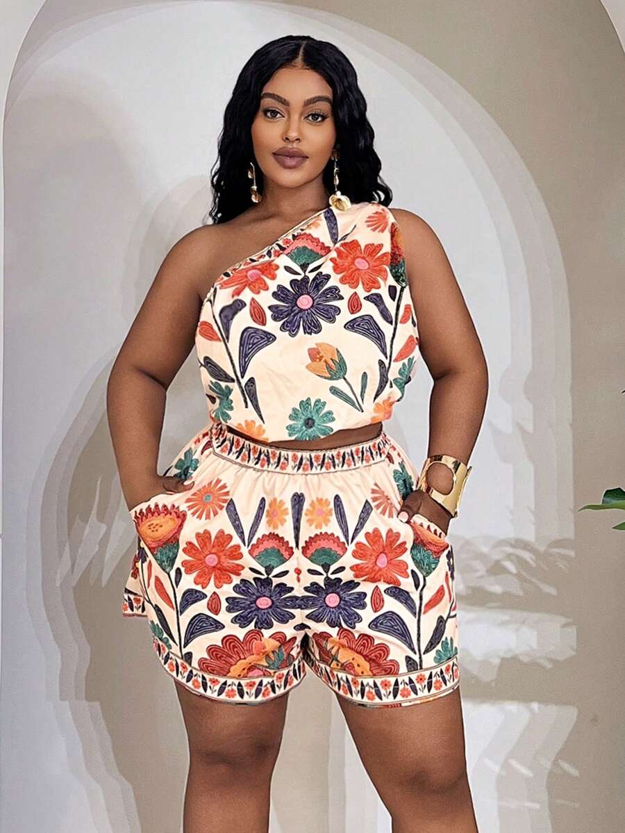 Slaydiva Plus Size Women 2 Pieces Set: Solid Color Sleeveless Knotted Hem Crop Top And Pockets Shorts, Woven Texture Fabric, Casual Daily Vacation Outfit, Spring/Summer,Holiday Outfits Boho