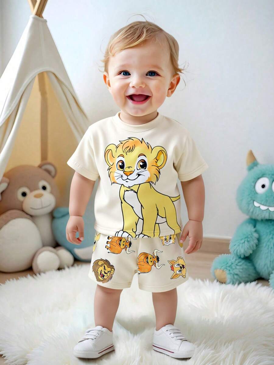 SHEIN Persoplay Kids 2pcs/Set Baby Boy Casual Cute Summer Lion Print Outfit, Round Neck Short Sleeve Top Paired With Bull Print Shorts, Grey-Green, Simple Casual, Soft And Comfortable, Suitable For Daily Wear, School, Outdoor, Travel, Leisure, Sports