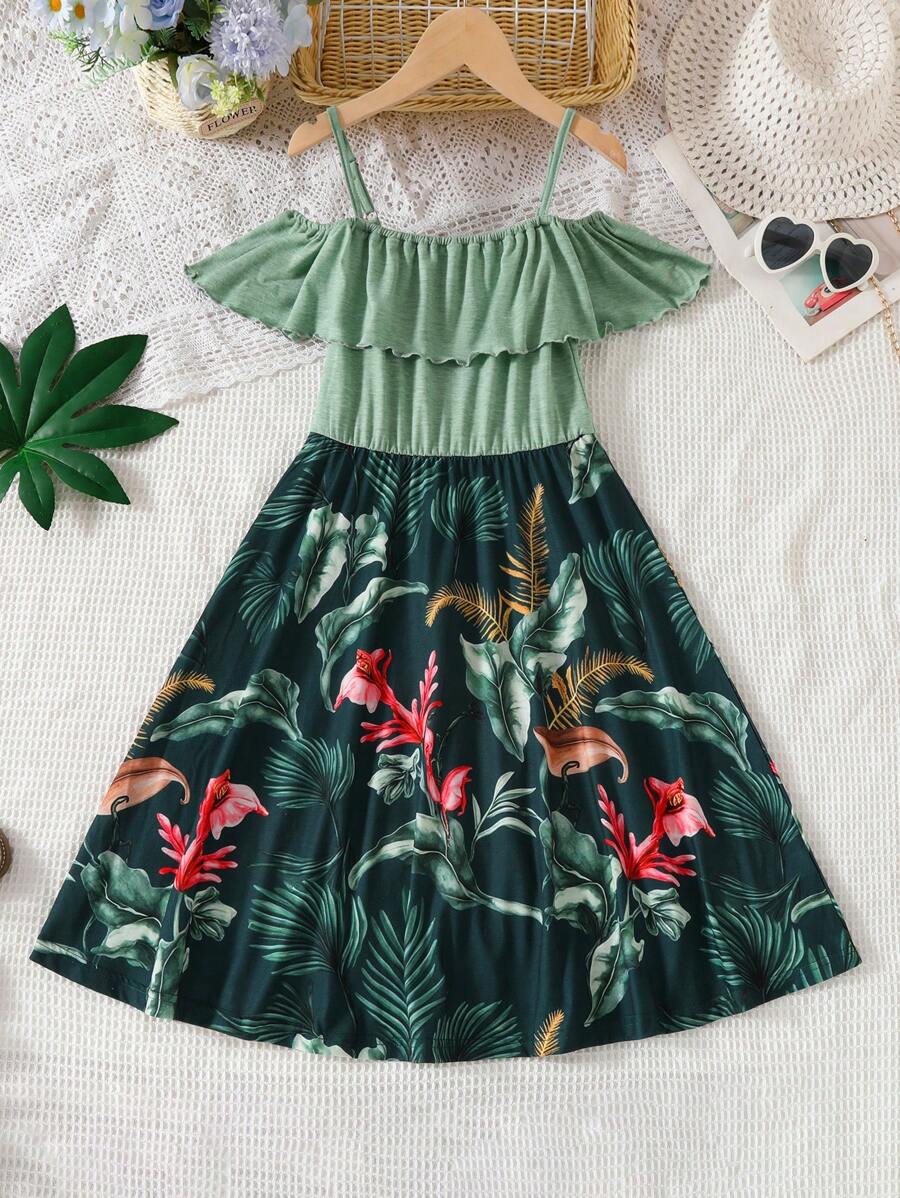 Tropical Plant Print Short Dress For Mother And Daughter, Casual Resort Style Loose Fitting Dress, Suitable For Vacation, Family Activities, Outgoing, Spring/Summer