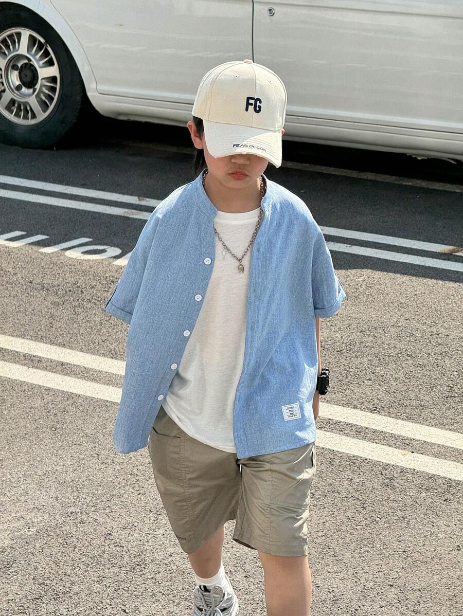Tween Boy Oversized Casual Stand Collar Short Sleeve Shirt, Suitable For Kids, Back To School, Boys Sets For Birthday Parties, Evening Parties, Performances, Weddings, Baptisms, Opening Ceremonies, Daily Wear, School, Travel, Sports, Spring And Summer