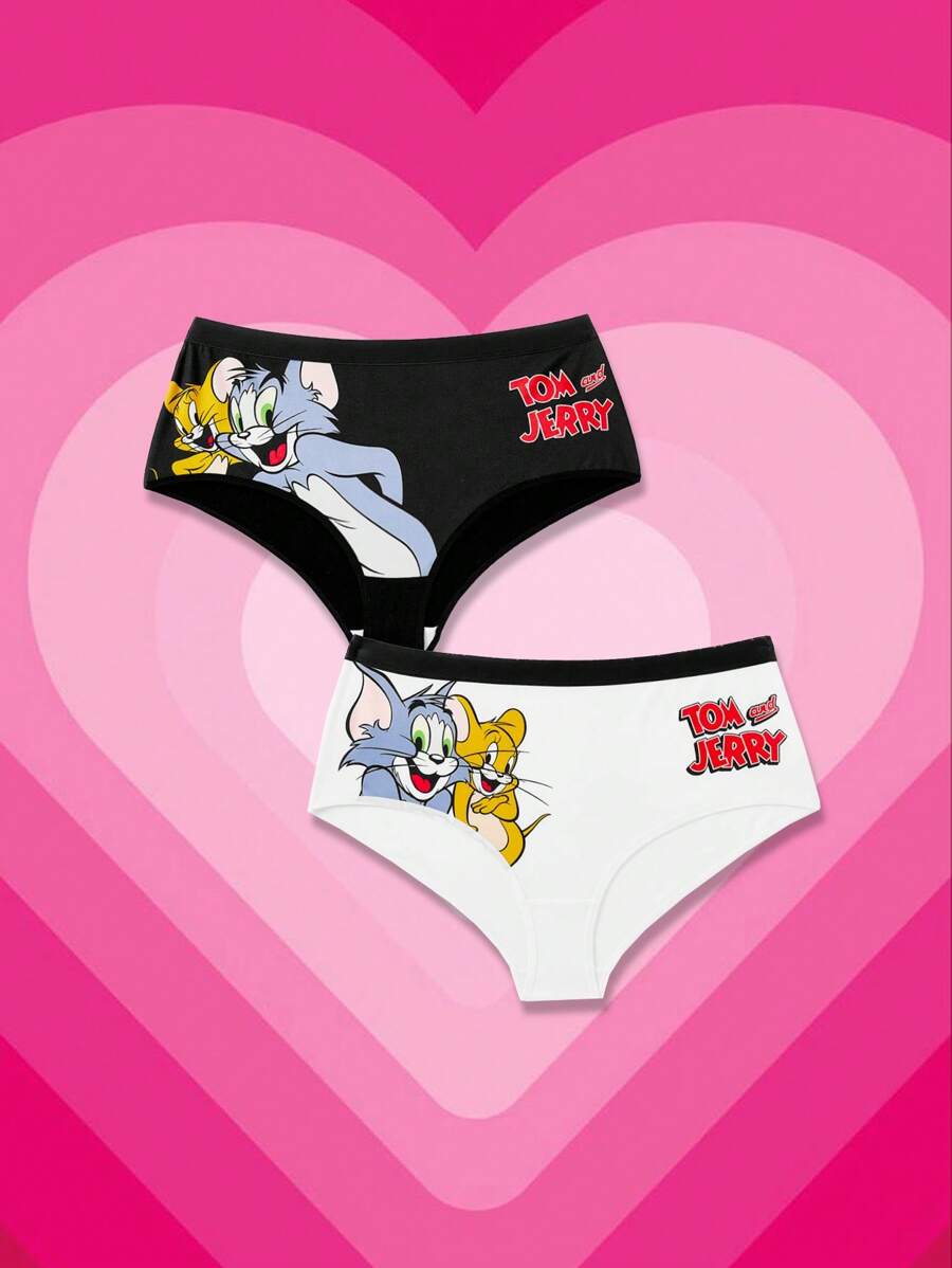 TOM & JERRY X SHEIN Calzones elásticos de cintura con diseño de dibujos animados y letras para mujeres
