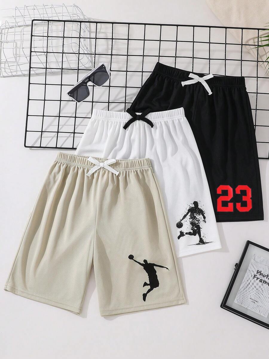 Compra 2 y lleva 3, set de 3 pantalones cortos deportivos y casuales para la escuela, cómodos, de moda, versátiles, suaves, con estampado de baloncesto y letras, adecuados para primavera y verano, para uso diario, exterior, escuela, calle, fiesta y hogar