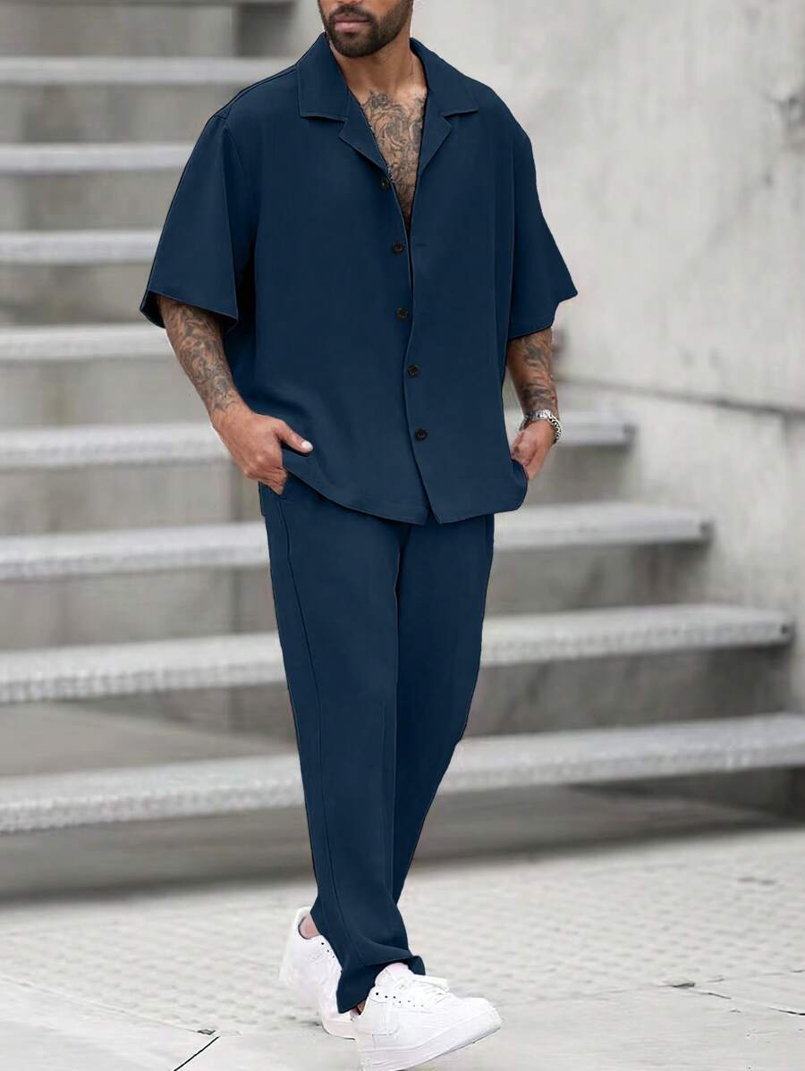 Manfinity Homme Conjunto de camisa y pantalones holgados para hombre de cuello solapa unicolor