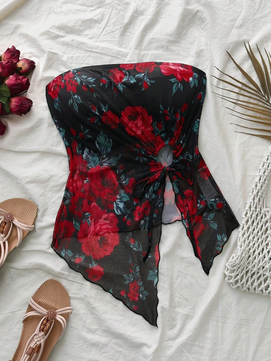 SHEIN VCAY Plus Size Vrouwen Levendige Bloemenprint Asymmetrische Zoom Bandeau Top