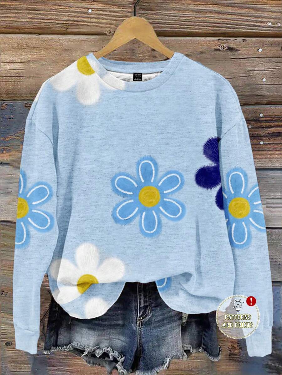 SHEIN LUNE Casual Floral Print Loose Fit Crew Neck Long Sleeve Sweatshirt For Women