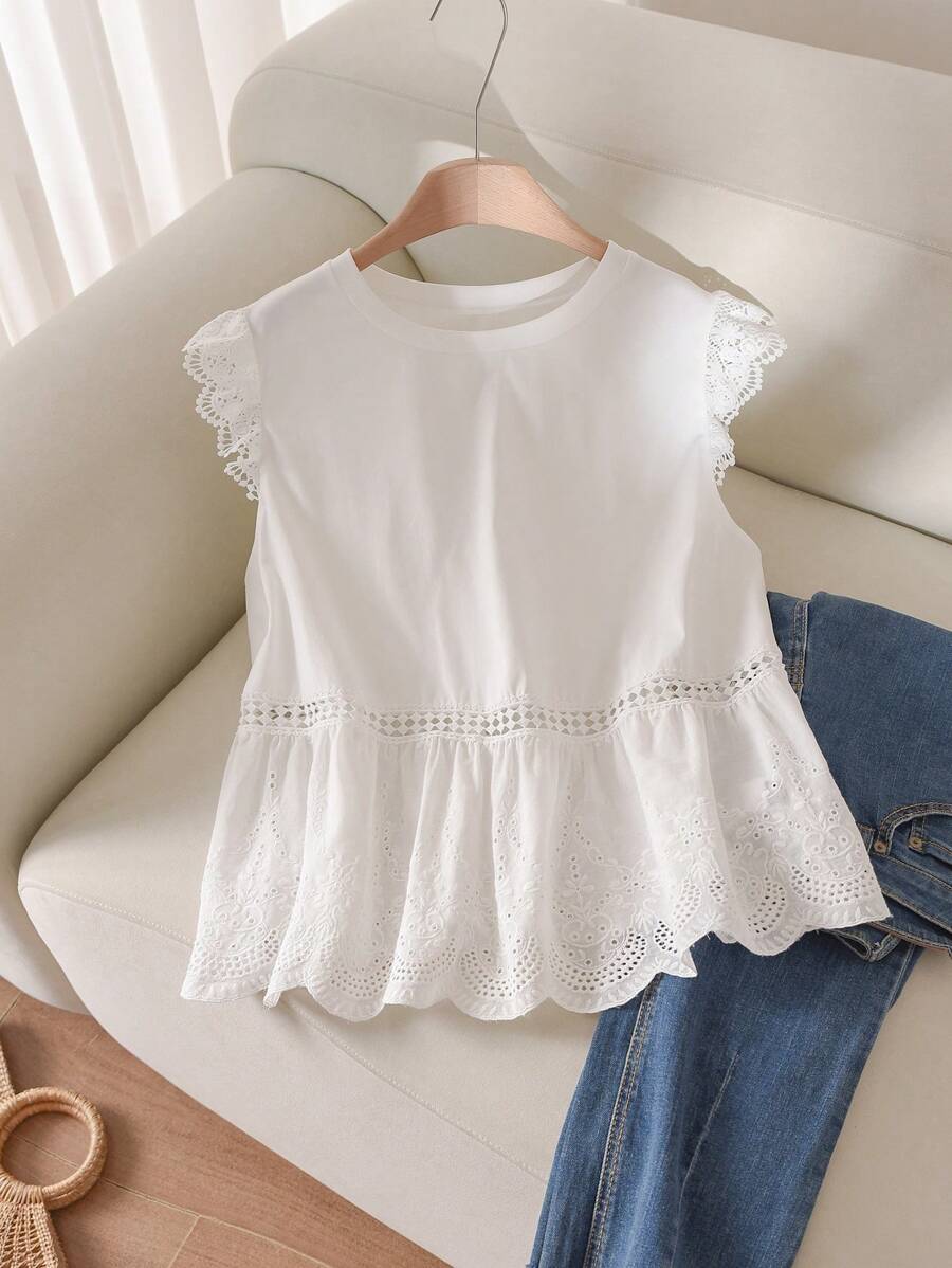 CosyJoli Maglietta estiva casual semplice da donna taglie forti, con ricamo, inserti in pizzo, collo rotondo e maniche corte a campana