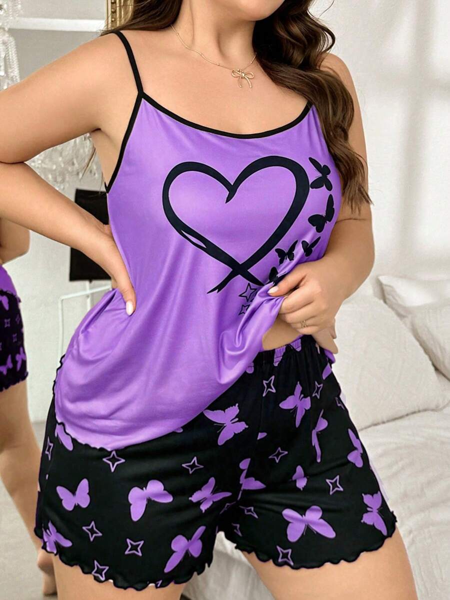 Pigiama in taglie forti con top a canotta e pantaloncini stampati a farfalle e cuori
