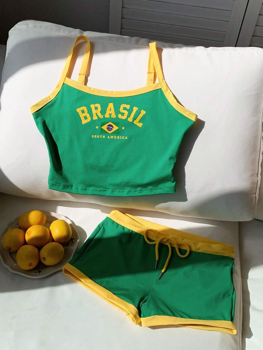 Comfortcana Conjunto de top corto y pantalón corto de ajuste delgado con impresión de letras en colores de la bandera de Brasil para verano