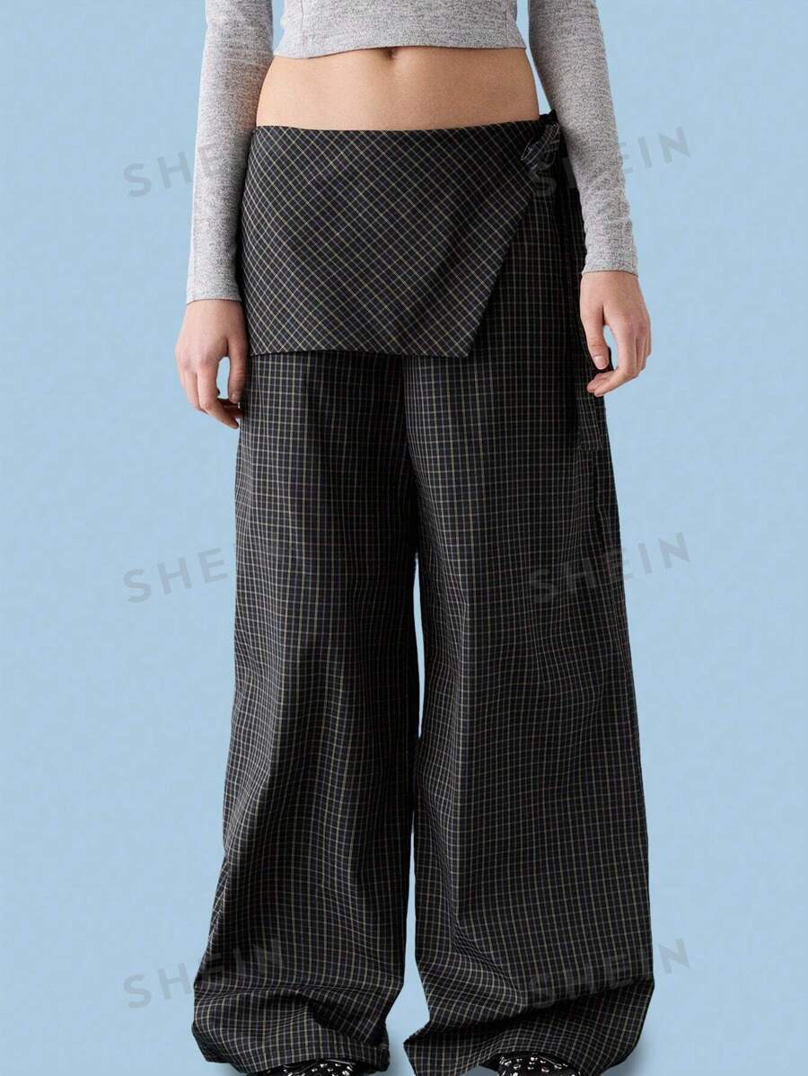 COUREZ Pantalones amplios de pata ancha a cuadros negros Estilo Y2K vintage