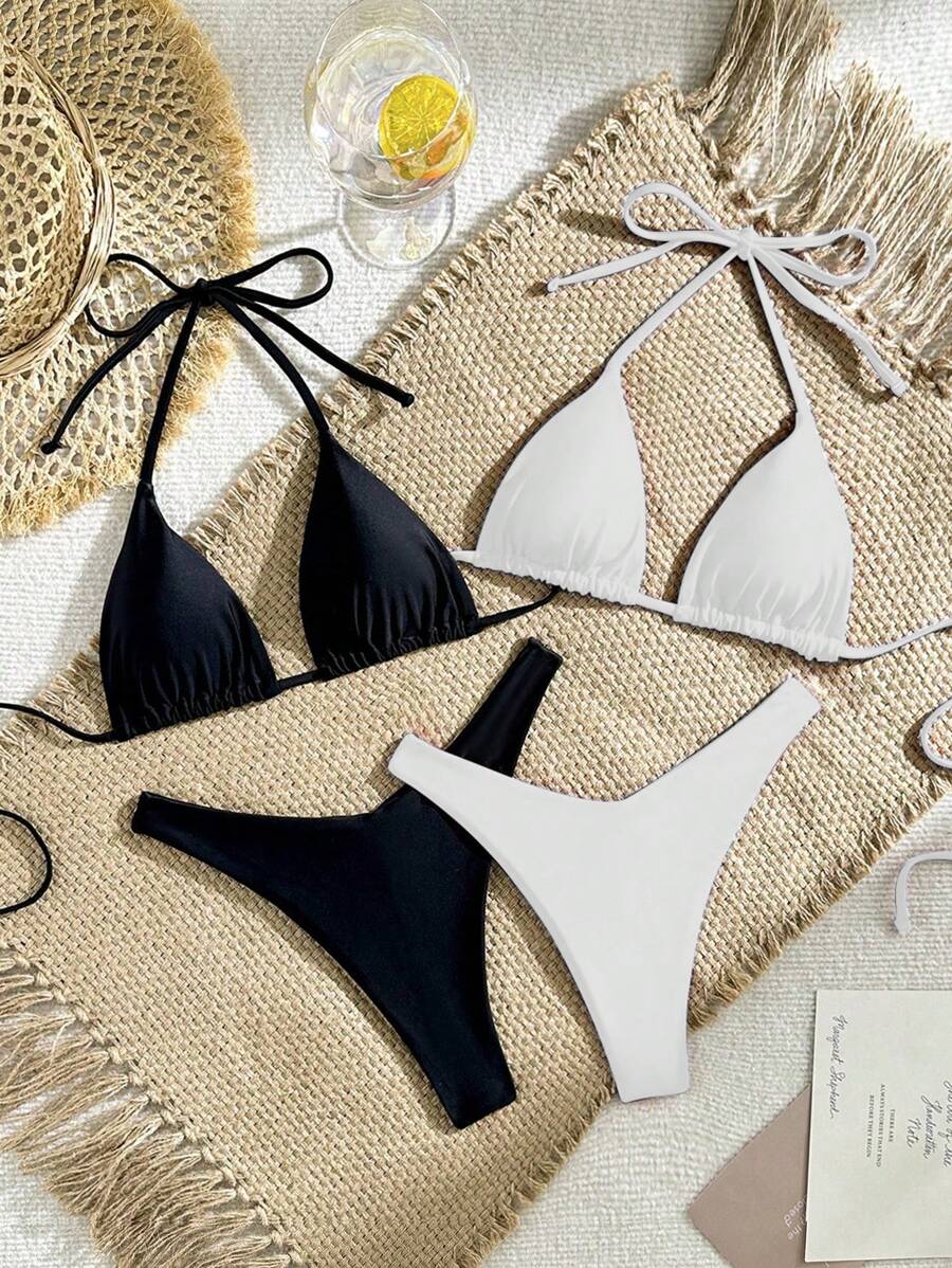 Costume da bagno set bikini da donna, a fascia, con lacci, colore unito, adatto per l'estate e la spiaggia