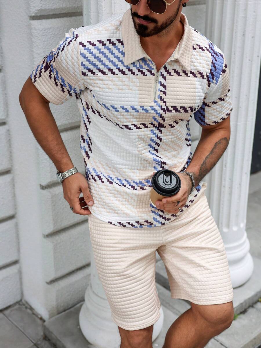 Manfinity Homme Conjunto casual de camisa polo de manga corta con estampado de cuadros y shorts para hombres
