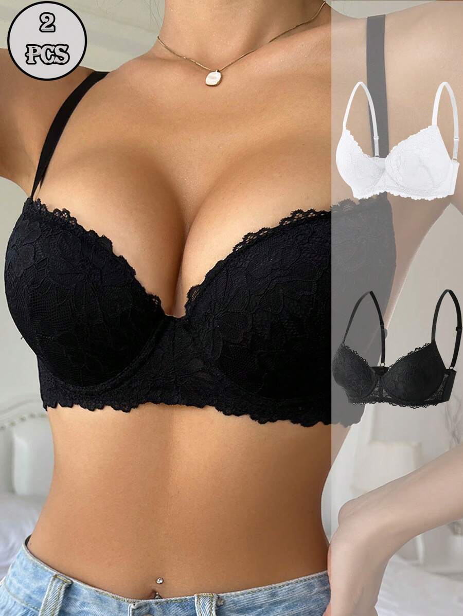 SHEIN Set de 2 sujetadores de lencería de alambre con parches de encaje para mujeres
