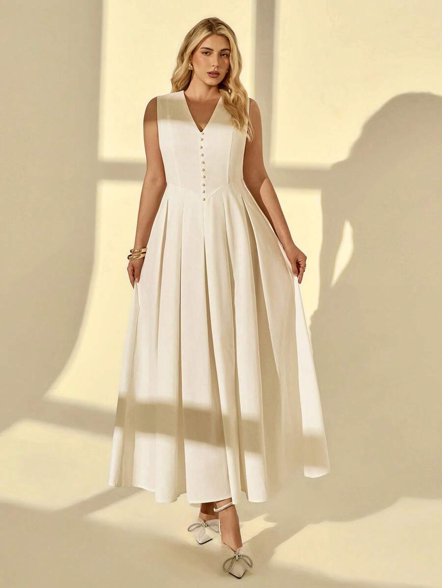 Auralis Plus Size Women's Solid Color Button V-Neck Sleeveless Pleated Elegant Dress