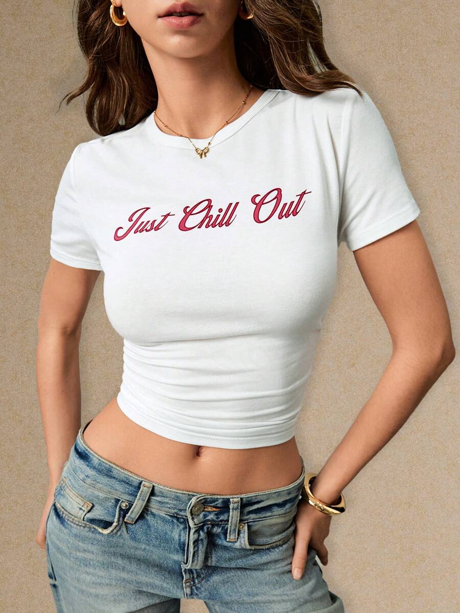 Poéselle Casual "Just Chill Out" Graphic Crop Top - Comfortable For Everyday Wear,Women's Graphic Tees, Crop Tops, Casual Summer Shirts, Relaxed Fit T-Shirts, Street Style Outfits