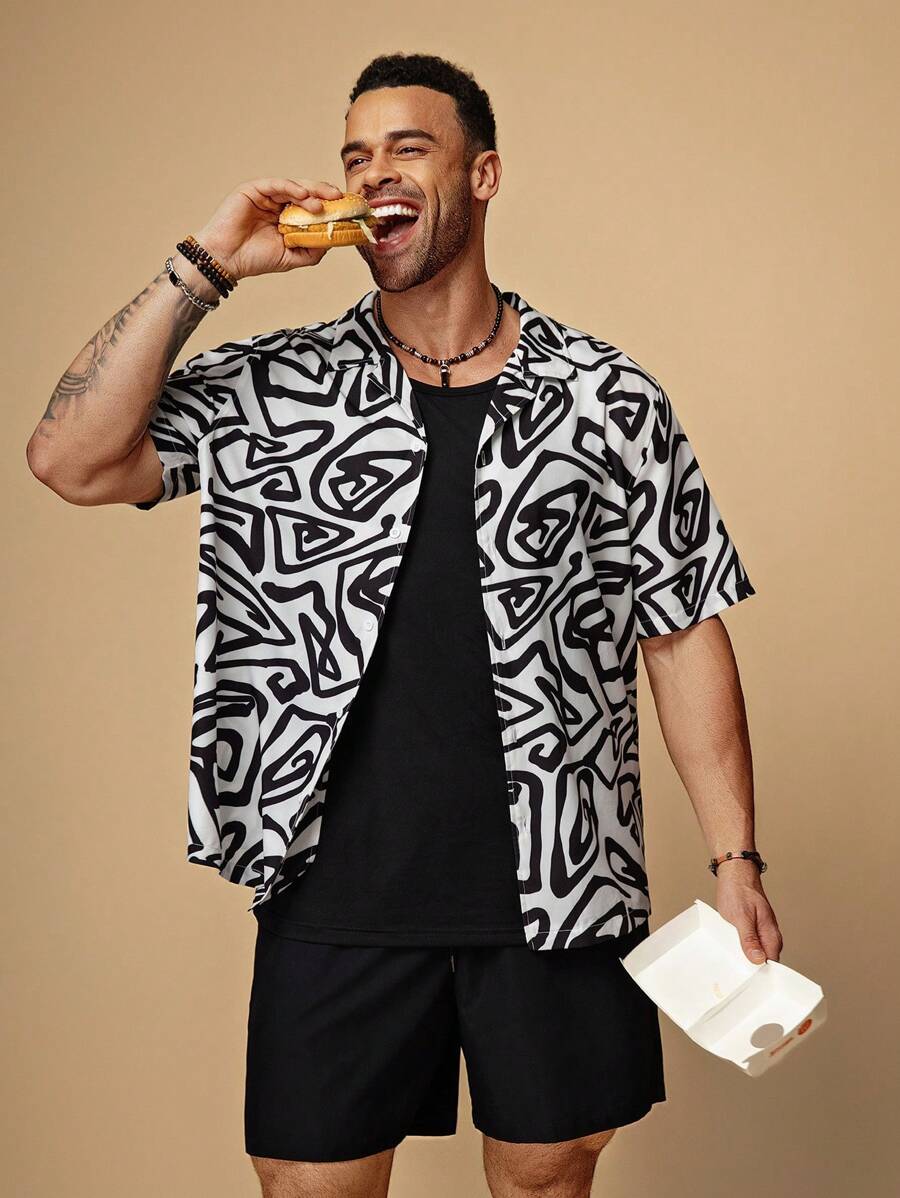 EASEVO Plus Size Men Casual Loose Black & White Woven Short Sleeve Shirt & Shorts Set