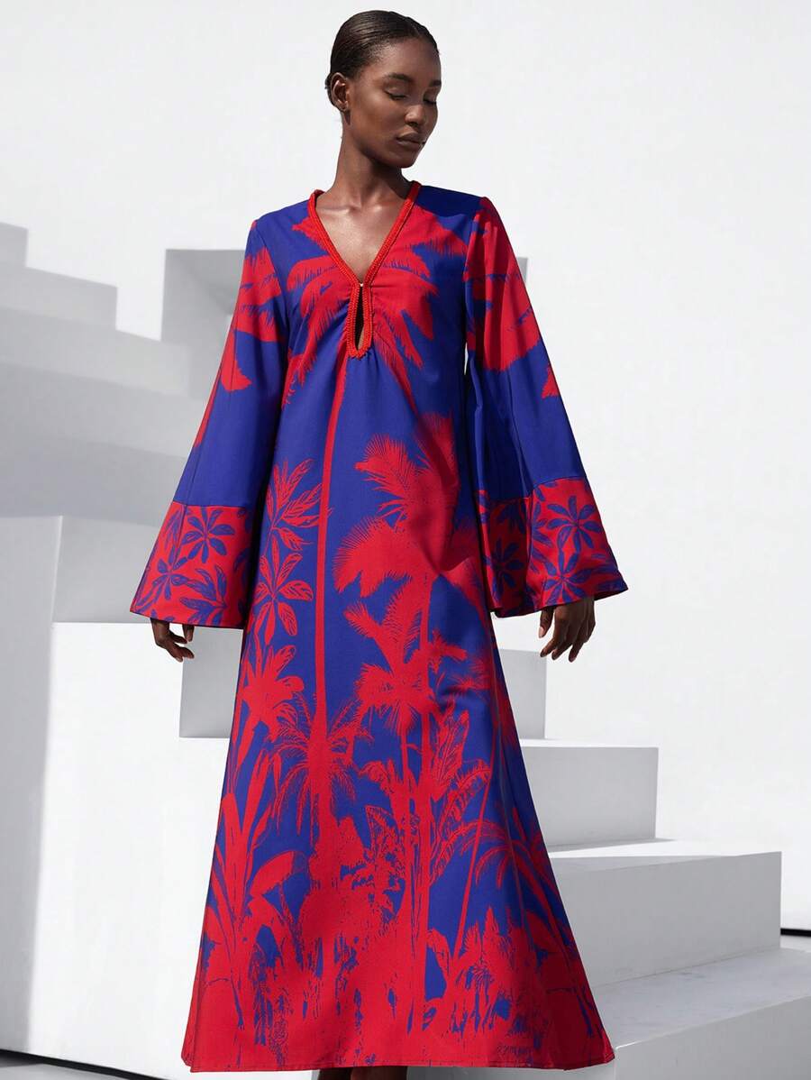 Aveloria Modichic Elegante abito lungo con maniche a sbuffo per donna, con stampa di palme e taglio scollato, in stile boho per vacanze, vestibilità morbida