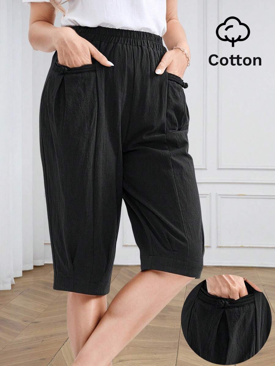 Miaspire Pantalones de verano/primavera casuales de largo medio para mujeres, con bolsillos con decoración de botones en tela negra, acortados