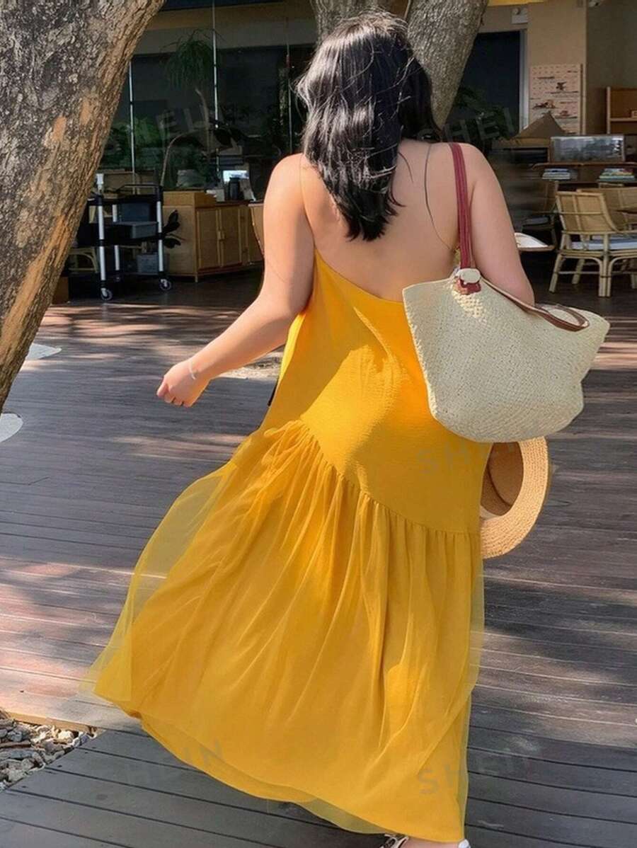 Dazy Plus Vestido maxi de verano para playa con abertura en la espalda, estilo holgado, unicolor, vestido con volantes para mujer, vestido amarillo, ropa de mujer, vestidos de verano