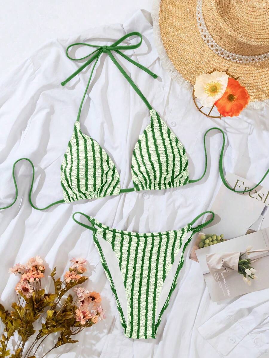 Swim Vcay Set Bikini a righe da donna con collo all'halter per la spiaggia estiva