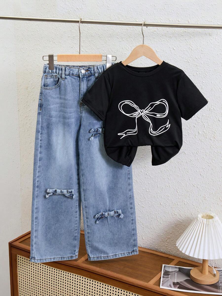 SHEIN Wildeya Set de 2 piezas Conjunto de ropa de verano informal para niñas preadolescentes - Jeans de mezclilla y set de top, ropa para niñas preadolescentes