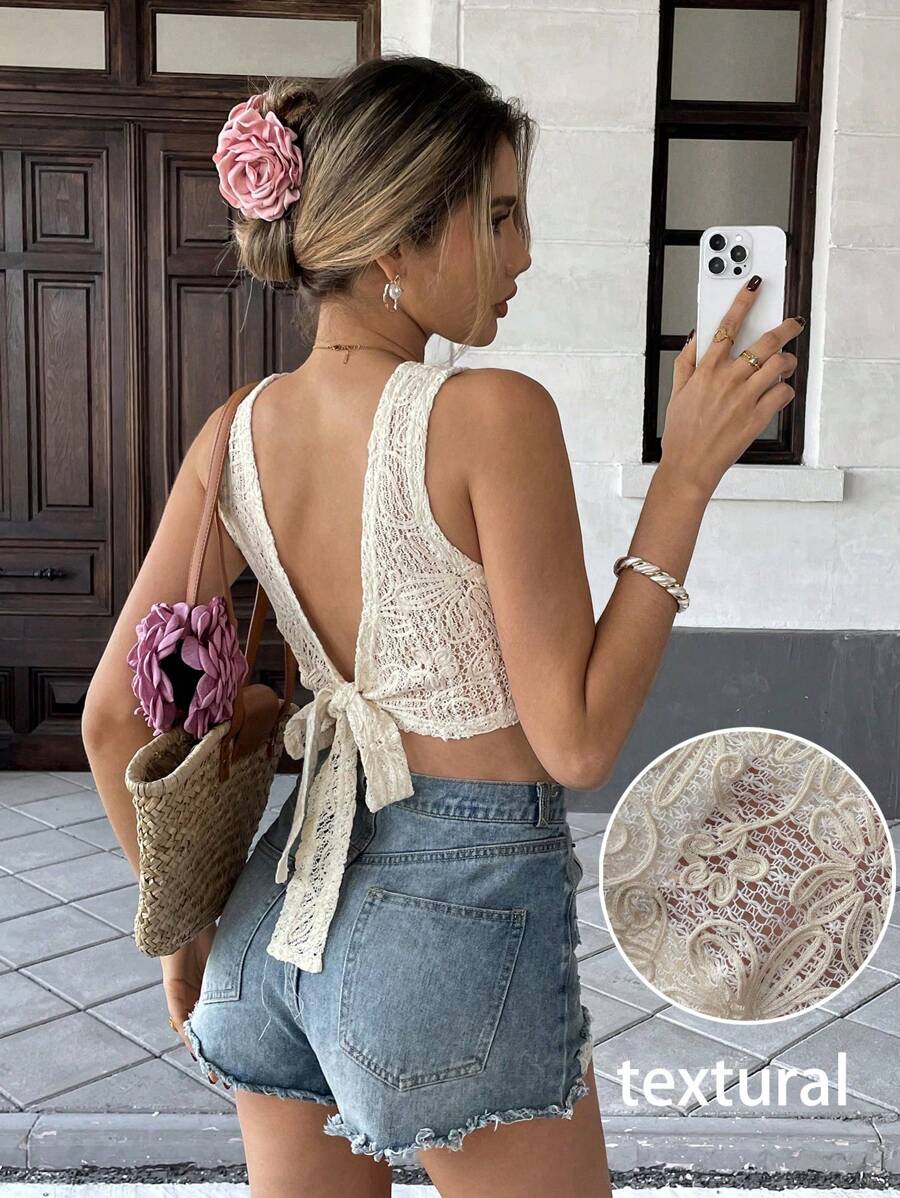 SHEIN Frenchy Women's Solid Color Backless Knot Back Round Neck Casual Camisole,Rave Top