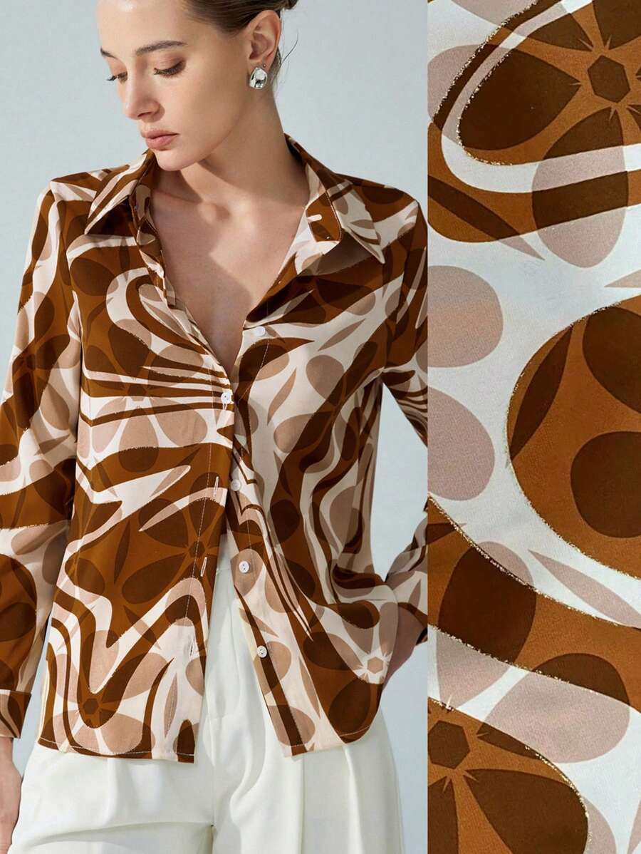 Aveloria Modichic Chemise femme à manches longues, style de conception tissu avec rayures brunes et dorées. Port polyvalent, convient pour le bureau et les tenues décontractées