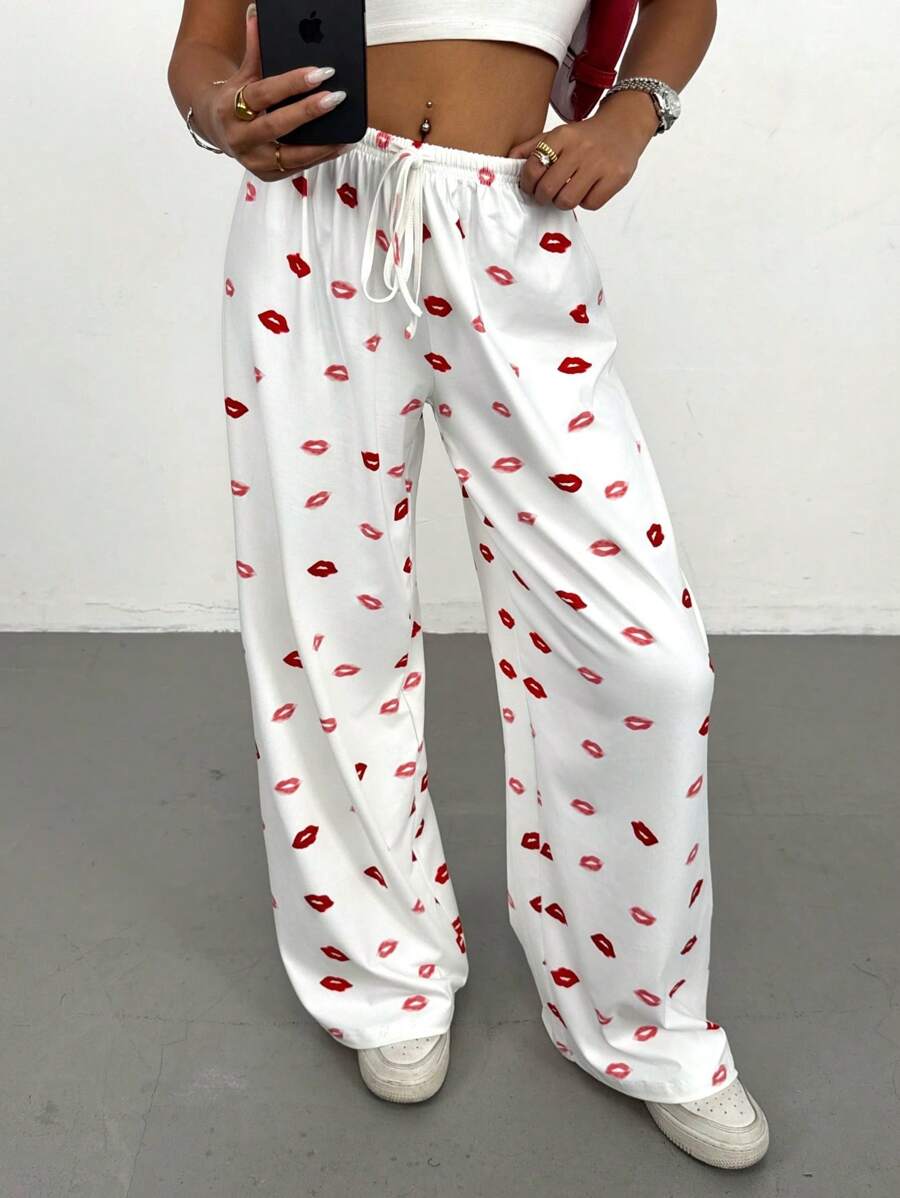 SHEIN PETITE Pantaloni casual da donna con stampa su tutto il capo e laccio frontale, stile minimalista per uso quotidiano