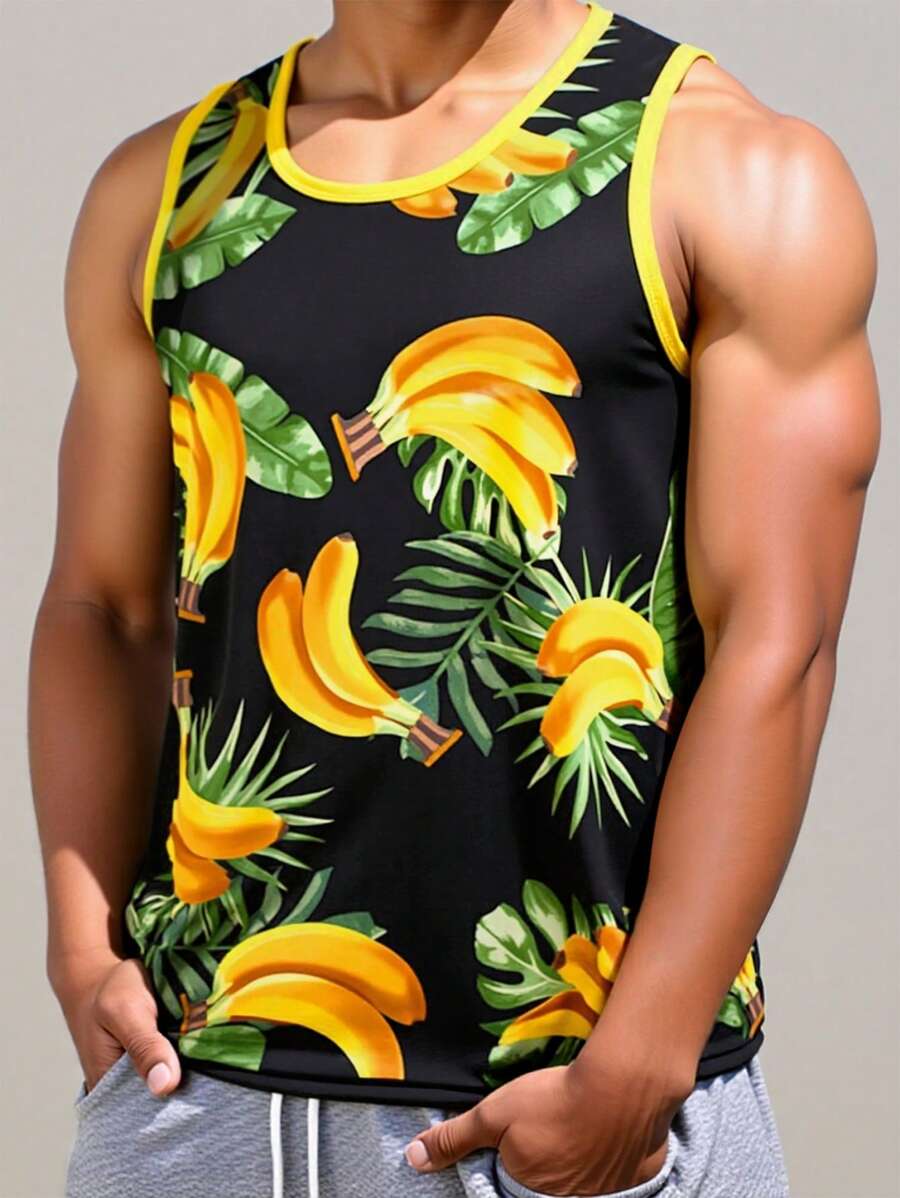 Manfinity RSRT Camiseta de tirantes casual con estampado de plátanos para hombres de vacaciones